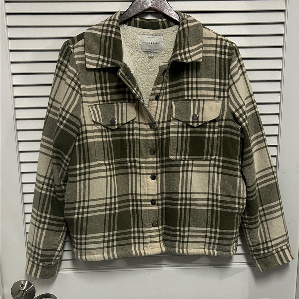 Lucky Brand Green and Cream Plaid Utility Jacket
